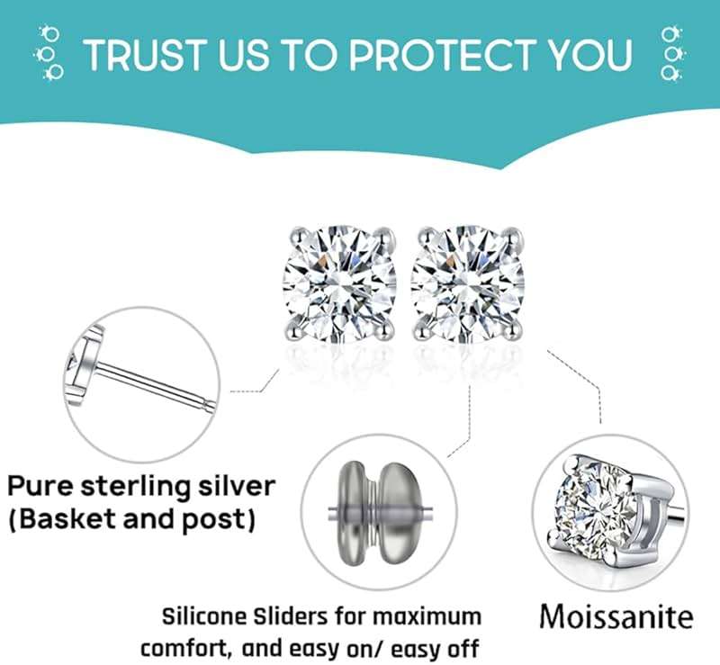 Moissanite Stud Earrings for Women,Sterling Silver 925 Earrings Jewelry Engagement Gifts for Women Men - Image 4