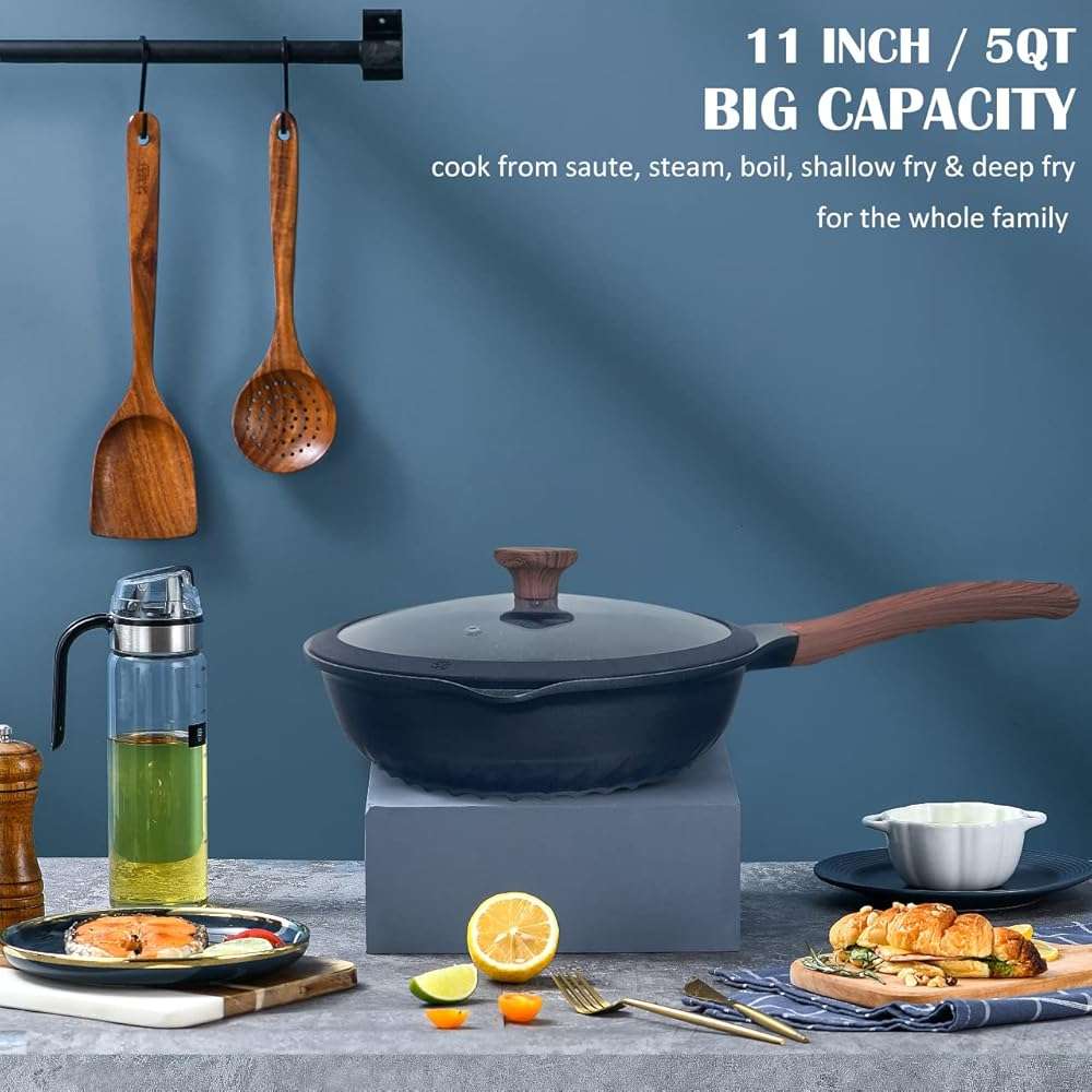 Vinchef Nonstick Deep Frying Pan Skillet with Lid, 11in/5Qt Saute Pan, German 3C+ Ceramic Coating Technology, Heat Indicator, Induction Compatible - Image 6
