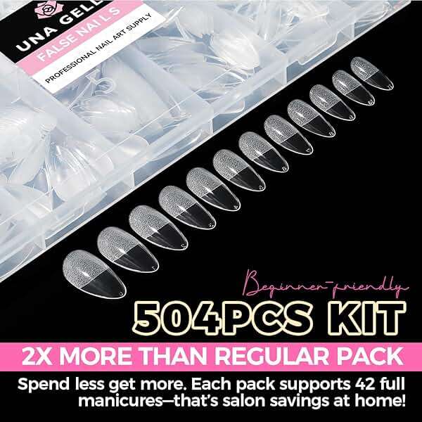 UNA GELLA Almond Gel Nail Tips, 504PCS Pre Etched Clear Fake Nails Tips Medium Almond Shape - 12 Sizes Full Cover Soft Acrylic Press On Nail Extensions No C Curve Gift for Diy at Home - Image 4