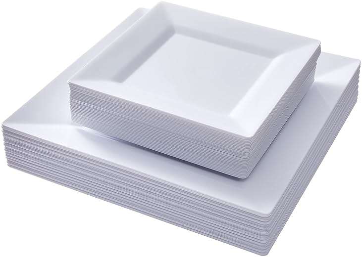N9R 60PCS White Square Plastic Plates, 30 Dinner & 30 Dessert Plates Heavy Duty, Fancy Disposable Plates for Party, Wedding and other Events - Image 1