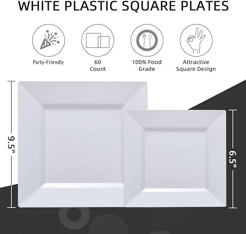 N9R 60PCS White Square Plastic Plates, 30 Dinner & 30 Dessert Plates Heavy Duty, Fancy Disposable Plates for Party, Wedding and other Events - Image 3