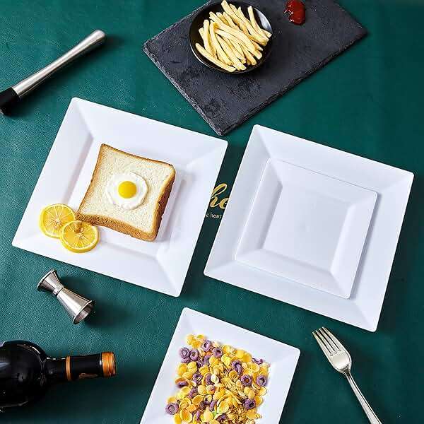 N9R 60PCS White Square Plastic Plates, 30 Dinner & 30 Dessert Plates Heavy Duty, Fancy Disposable Plates for Party, Wedding and other Events - Image 6