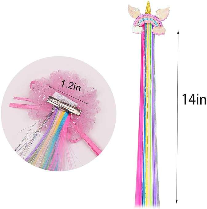 Little World Hair Clips for Girls, 6 Pcs Rainbow Hair Extensions, Unicorn Hair Clips for Girls Toddler Kids Ponytails, Hand-made Cute Glitter Hair Accessories - Image 2