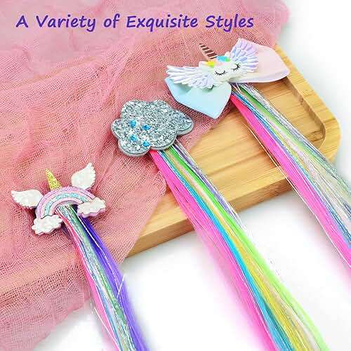 Little World Hair Clips for Girls, 6 Pcs Rainbow Hair Extensions, Unicorn Hair Clips for Girls Toddler Kids Ponytails, Hand-made Cute Glitter Hair Accessories - Image 3