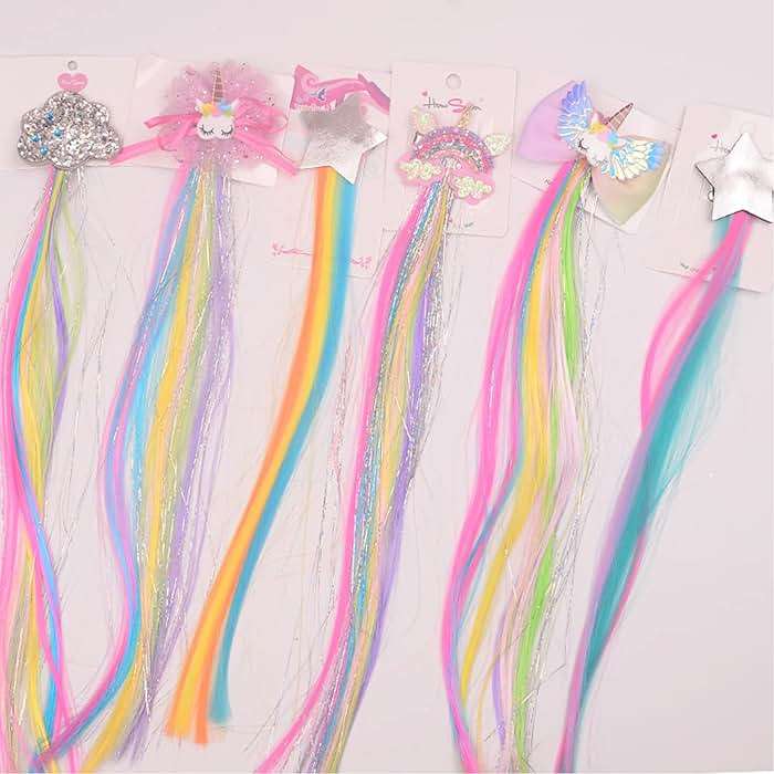 Little World Hair Clips for Girls, 6 Pcs Rainbow Hair Extensions, Unicorn Hair Clips for Girls Toddler Kids Ponytails, Hand-made Cute Glitter Hair Accessories - Image 8