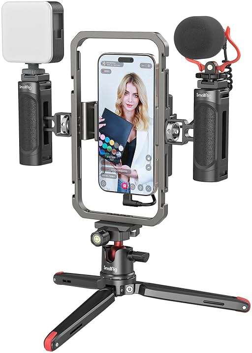 SmallRig Universal Phone Video Rig Kit for iPhone, Smartphone and Cameras, Phone Stabilizer Rig w/Tripod Microphone LED Light Side Handle Power Bank Holderm, for Vlogging & Live Streaming - Image 1
