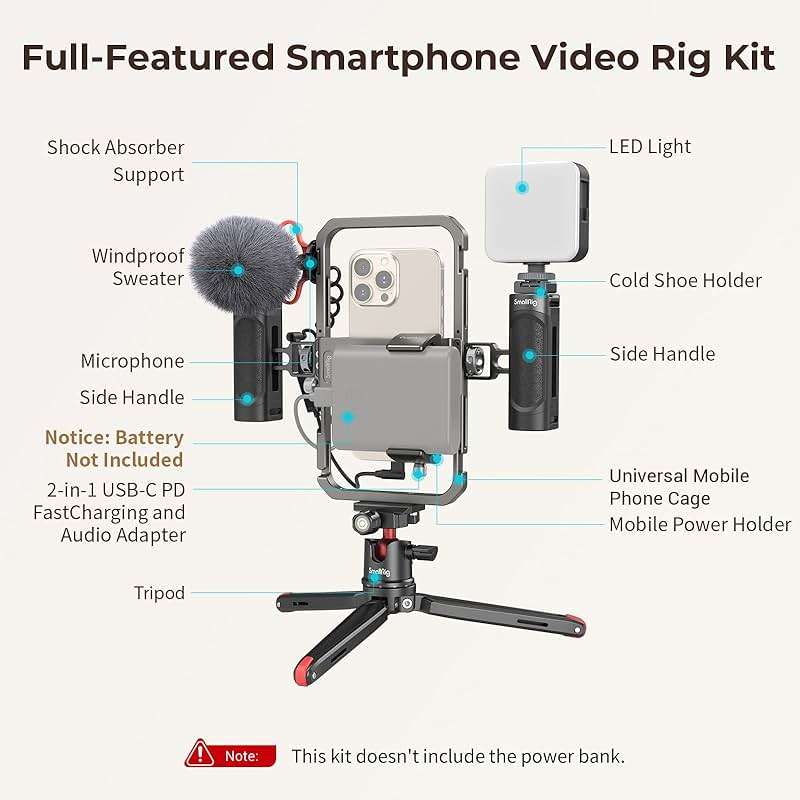 SmallRig Universal Phone Video Rig Kit for iPhone, Smartphone and Cameras, Phone Stabilizer Rig w/Tripod Microphone LED Light Side Handle Power Bank Holderm, for Vlogging & Live Streaming - Image 2