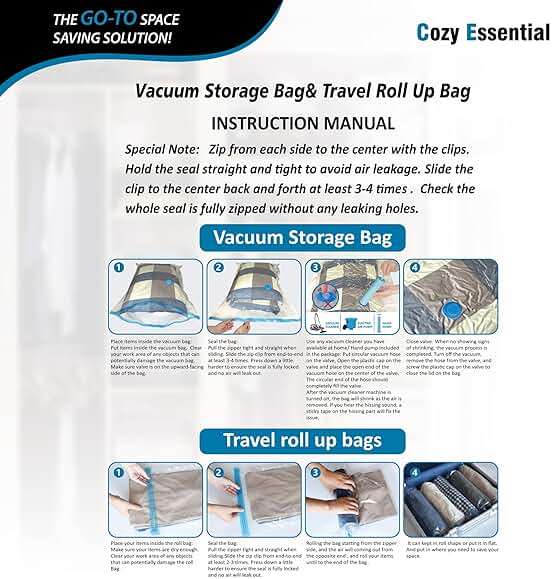 Cozy Essential Vacuum Storage Bags, 80% Compression Vacuum Seal Space Saver Plastic Packaging Bags for Clothes, Blankets, Pillow, Bedding, Comforters, Sealer Clothing Storage,20 Combo - Image 6