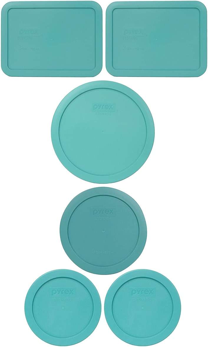 Pyrex (2) 7200-PC 2-Cup, (1) 7201-PC 4-Cup, (2) 7210-PC 3-Cup and (1) 7402-PC 6/7-Cup Turquoise Lids - Made in USA - Image 1