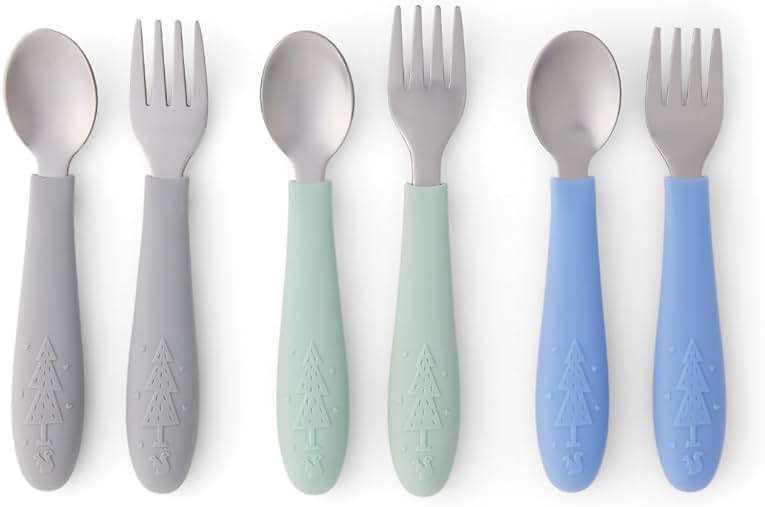 Elk and Friends Kids Silverware with Silicone Handle | Childrens Safe Flatware | Toddler Utensils | Baby Spoons + Forks | Stainless Steel Cutlery | Dishwasher Safe | 6 Pieces - Image 1