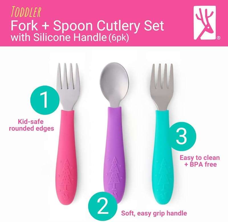 Elk and Friends Kids Silverware with Silicone Handle | Childrens Safe Flatware | Toddler Utensils | Baby Spoons + Forks | Stainless Steel Cutlery | Dishwasher Safe | 6 Pieces - Image 3