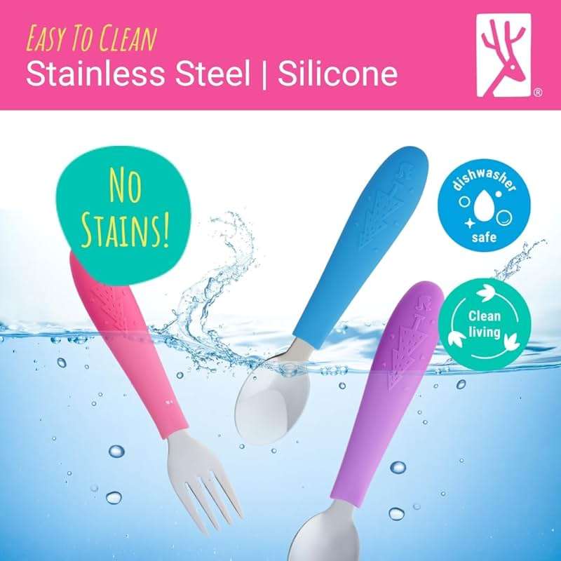 Elk and Friends Kids Silverware with Silicone Handle | Childrens Safe Flatware | Toddler Utensils | Baby Spoons + Forks | Stainless Steel Cutlery | Dishwasher Safe | 6 Pieces - Image 6