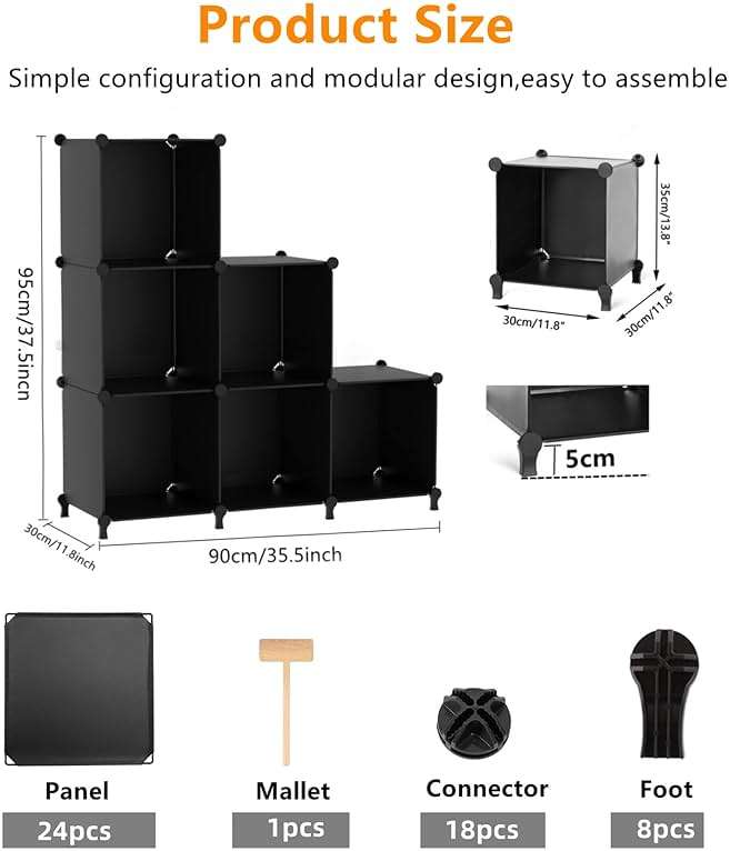 AWTATOS Cube Storage Organizer, Storage Cubes Shelves Bookshelf, 6 Cube Closet Organizers and Storage, DIY Stackable Plastic Clothes Organizer Shelving for Bedroom, Home, Black - Image 3