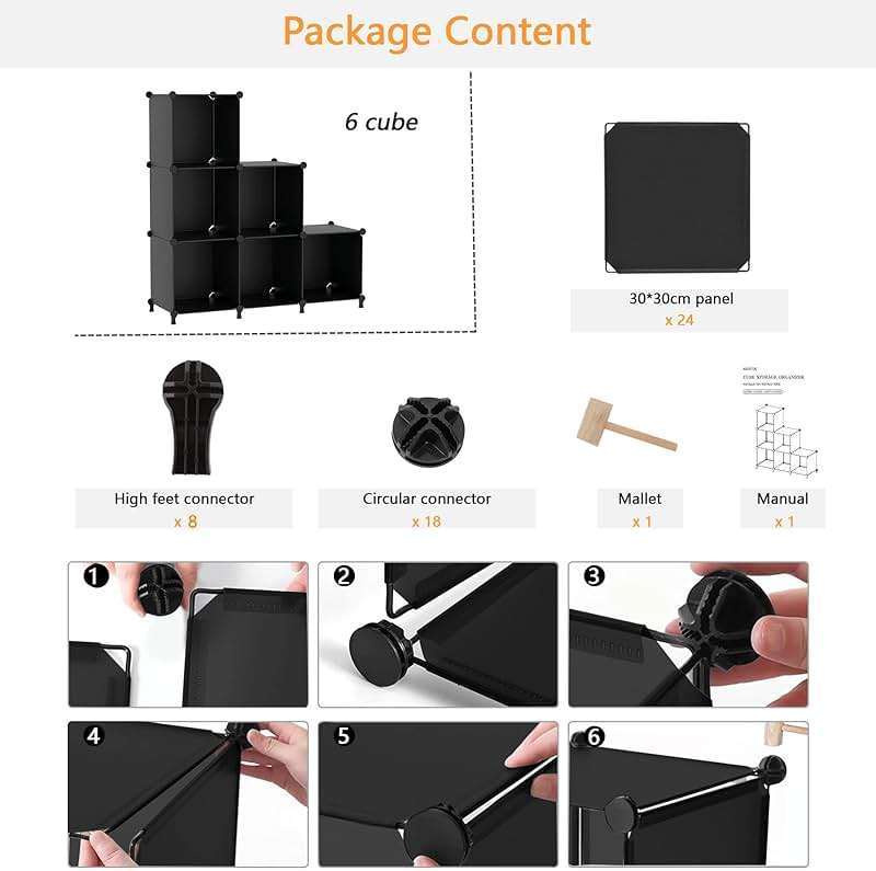 AWTATOS Cube Storage Organizer, Storage Cubes Shelves Bookshelf, 6 Cube Closet Organizers and Storage, DIY Stackable Plastic Clothes Organizer Shelving for Bedroom, Home, Black - Image 9