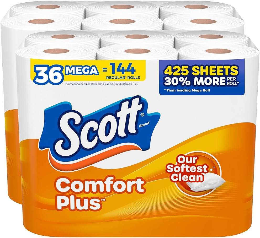 Scott ComfortPlus Toilet Paper, 36 Mega Rolls (2 Packs of 18), 425 Sheets per Roll, Septic-Safe, 1-Ply Toilet Tissue - Image 1