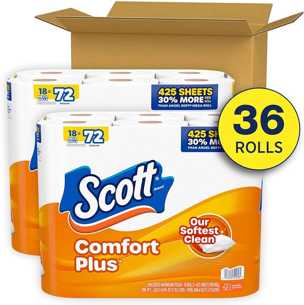 Scott ComfortPlus Toilet Paper, 36 Mega Rolls (2 Packs of 18), 425 Sheets per Roll, Septic-Safe, 1-Ply Toilet Tissue - Image 2