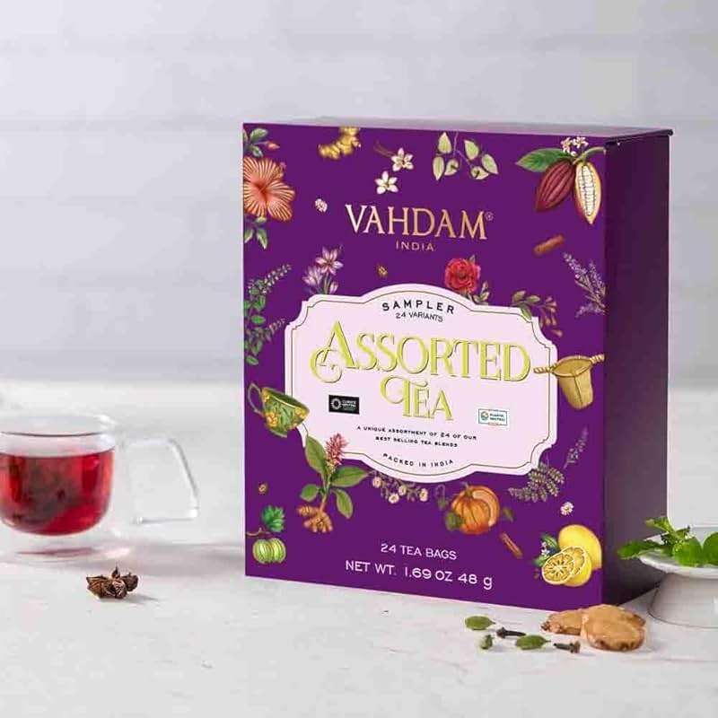 VAHDAM Fathers Day Gift for Dad & Husband | Assorted Tea Gift Set Presentation Box (24 Variants, 24 Pyramid Tea Bags) Long Leaf Variety Pack | Premium Fathers Day Tea Gifts for Men & Women - Image 8