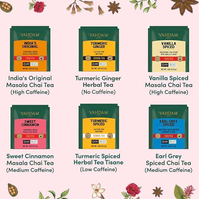 VAHDAM, Assorted Chai Tea Variety Pack (6 Delicious Flavors, 36 Eco Friendly Pyramid Tea Bags) Caffeinated, Gluten Free, Non GMO | Indian Masala Chai Tea Blends | Tea Gift Set for Men and Women - Image 2