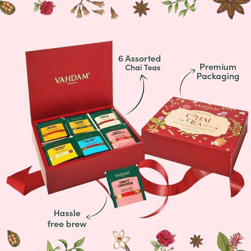 VAHDAM, Assorted Chai Tea Variety Pack (6 Delicious Flavors, 36 Eco Friendly Pyramid Tea Bags) Caffeinated, Gluten Free, Non GMO | Indian Masala Chai Tea Blends | Tea Gift Set for Men and Women - Image 3