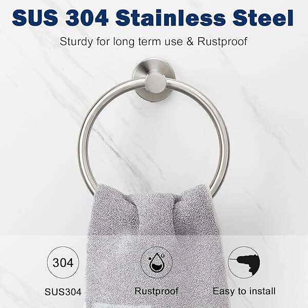 NearMoon Bath Towel Ring, Bathroom Hardware Accessories-Thicken Stainless Steel Hand Towel Holder for Bathroom, Modern Round Towel Hanger Wall Mounted (Brushed Nickel, 1 Pack) - Image 4