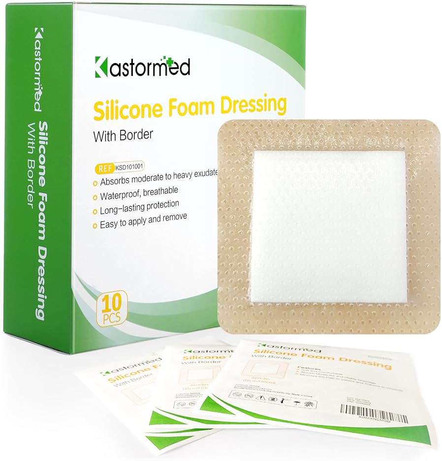 kastormed Silicone Adhesive Foam Dressing with Gentle Border 4''x4'' 10 Pack, High Absorbency Foam Wound Bandage for Bed Sore, Leg Ulcer, Diabetic Ulcer - Image 1
