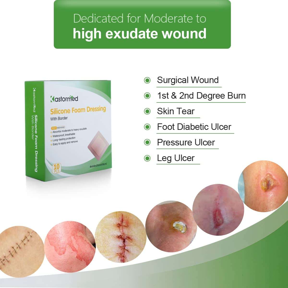kastormed Silicone Adhesive Foam Dressing with Gentle Border 4''x4'' 10 Pack, High Absorbency Foam Wound Bandage for Bed Sore, Leg Ulcer, Diabetic Ulcer - Image 2