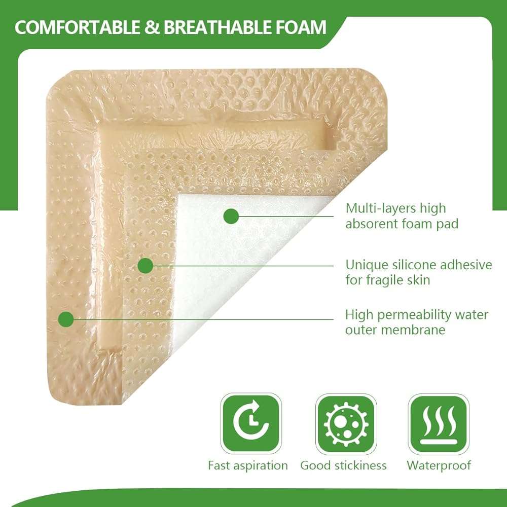 kastormed Silicone Adhesive Foam Dressing with Gentle Border 4''x4'' 10 Pack, High Absorbency Foam Wound Bandage for Bed Sore, Leg Ulcer, Diabetic Ulcer - Image 4