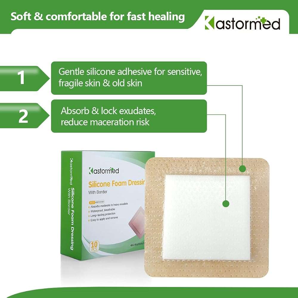 kastormed Silicone Adhesive Foam Dressing with Gentle Border 4''x4'' 10 Pack, High Absorbency Foam Wound Bandage for Bed Sore, Leg Ulcer, Diabetic Ulcer - Image 5