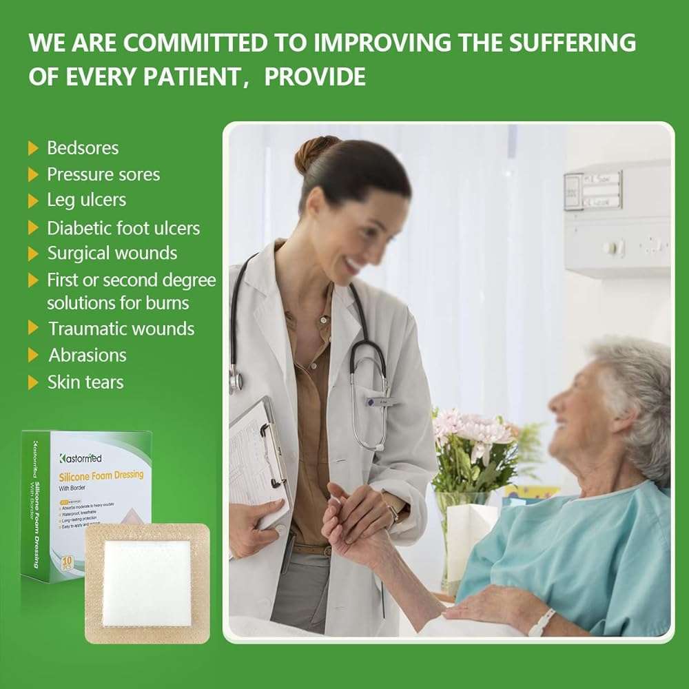 kastormed Silicone Adhesive Foam Dressing with Gentle Border 4''x4'' 10 Pack, High Absorbency Foam Wound Bandage for Bed Sore, Leg Ulcer, Diabetic Ulcer - Image 7