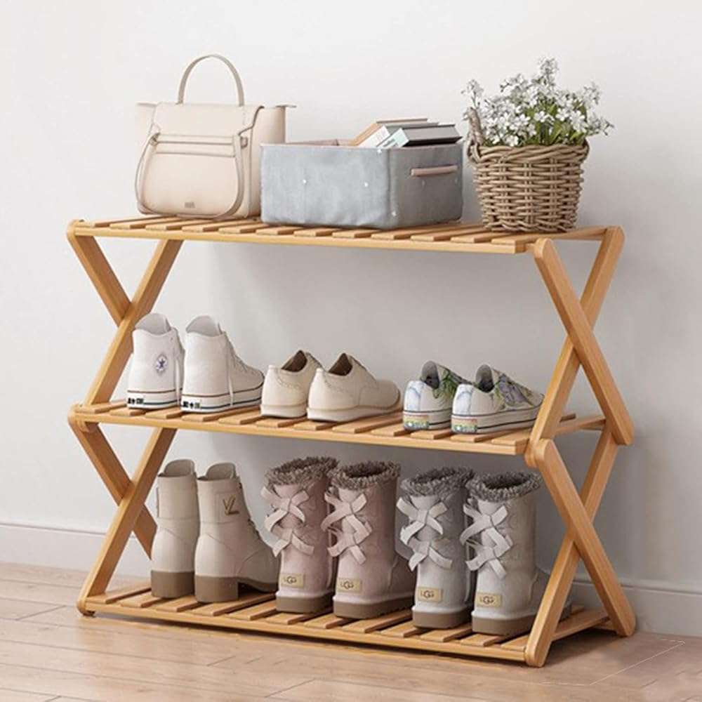 Glsety 3 Tier Bamboo Shoe Rack,Portable Folding Shoe Storage Rack,Without Installation Small Shoe Rack Perfect for Corridors, Bedrooms and Small Spaces (3 Tier) - Image 1