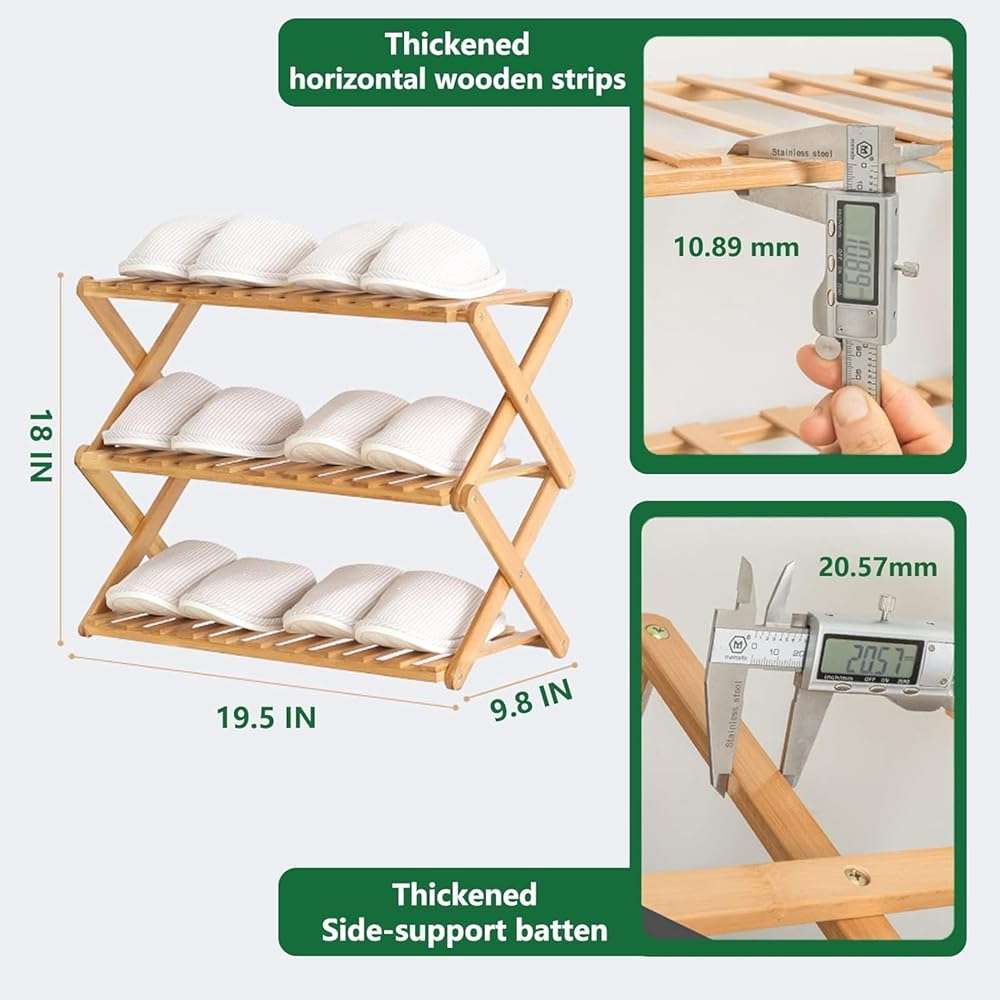 Glsety 3 Tier Bamboo Shoe Rack,Portable Folding Shoe Storage Rack,Without Installation Small Shoe Rack Perfect for Corridors, Bedrooms and Small Spaces (3 Tier) - Image 2