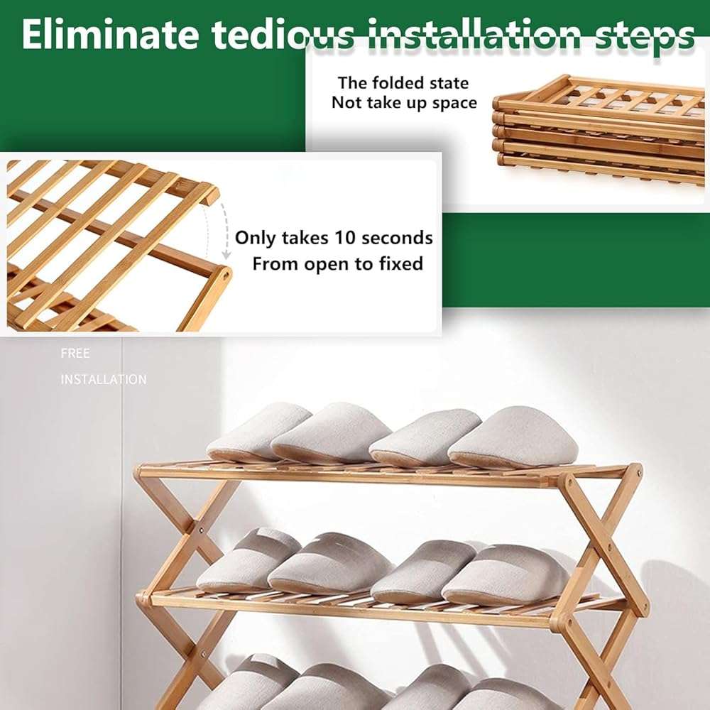 Glsety 3 Tier Bamboo Shoe Rack,Portable Folding Shoe Storage Rack,Without Installation Small Shoe Rack Perfect for Corridors, Bedrooms and Small Spaces (3 Tier) - Image 4