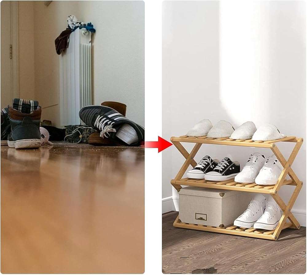Glsety 3 Tier Bamboo Shoe Rack,Portable Folding Shoe Storage Rack,Without Installation Small Shoe Rack Perfect for Corridors, Bedrooms and Small Spaces (3 Tier) - Image 6