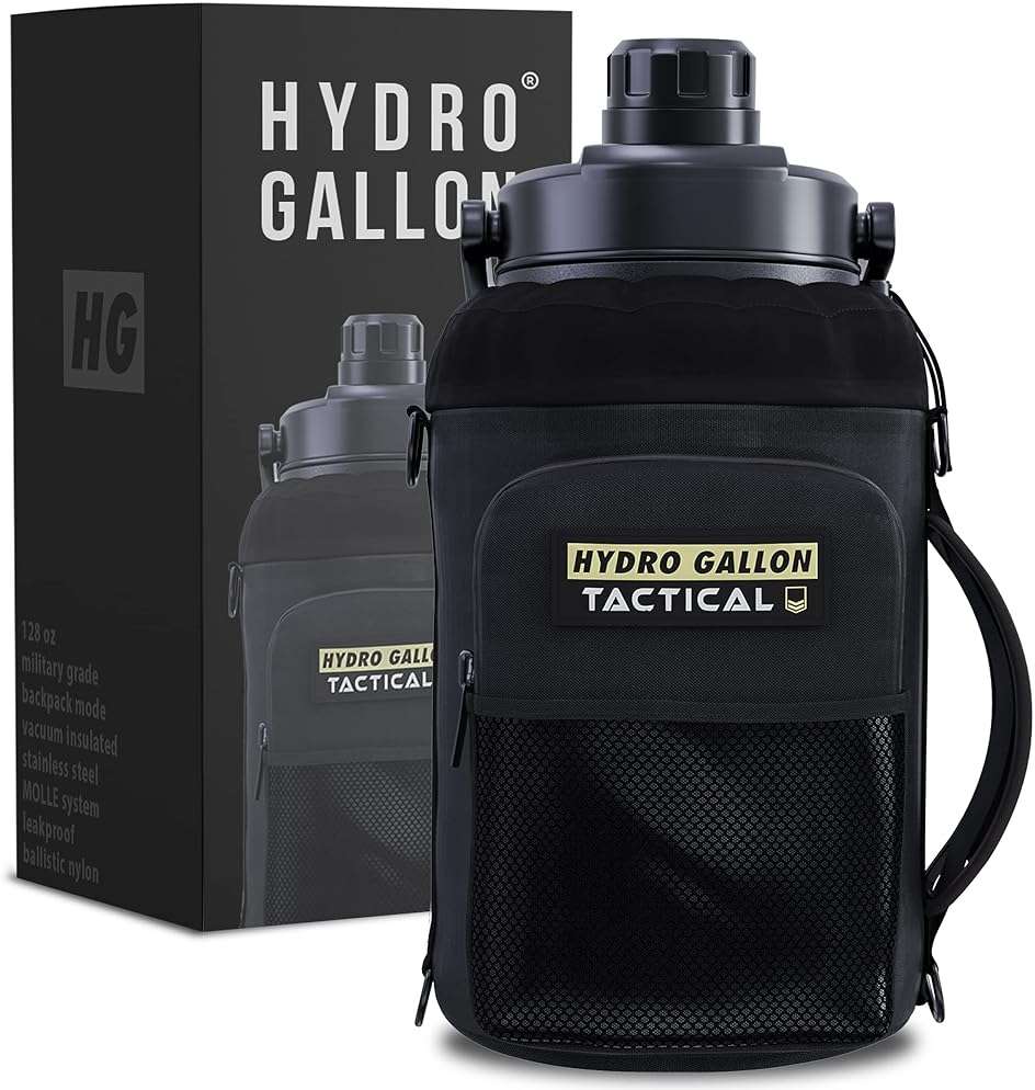 Hydro Gallon® Tactical - Insulated 1 Gallon Water Bottle Jug, Military Grade Sleeve. Large Stainless Steel Vacuum Metal Thermos Growler. Wide mouth, Shoulder Strap, MOLLE, Pockets, Handle. 128oz - Image 1