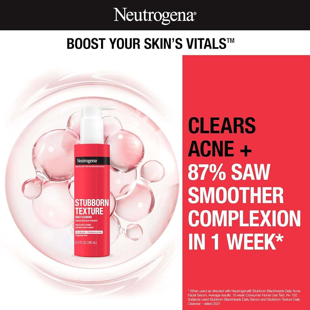 Neutrogena Stubborn Texture Daily Acne Facial Cleanser, Salicylic Acid Face Wash + Glycolic & Polyhydroxy Acids, Fragrance-Free, 6.3 fl. oz - Image 2