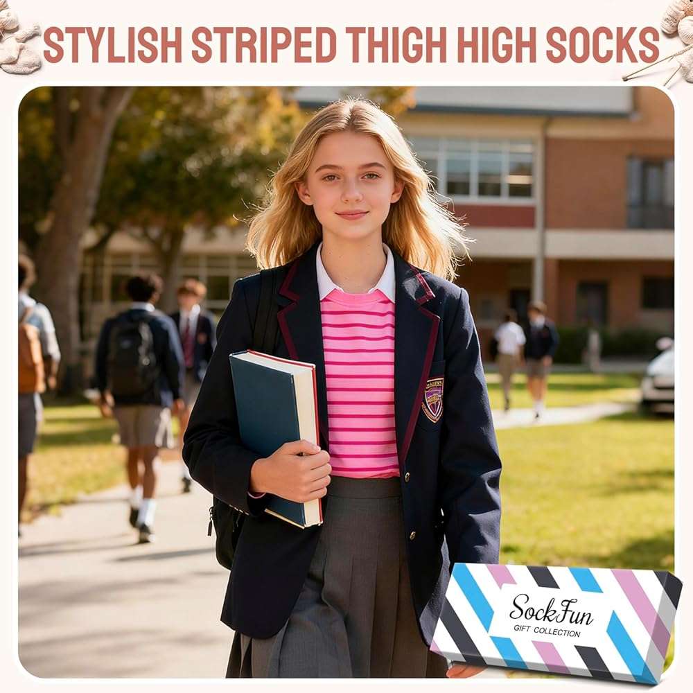 sockfun Striped Thigh High Socks - Christmas Over the Knee High Stockings for Women Teen Girls - Image 2