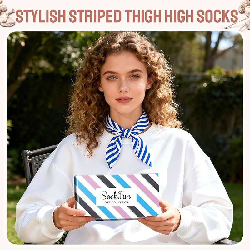 sockfun Striped Thigh High Socks - Christmas Over the Knee High Stockings for Women Teen Girls - Image 3