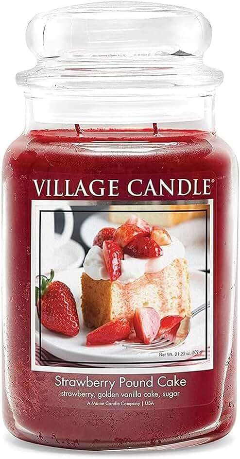 Village Candle Strawberry Pound Cake, Large Glass Apothecary Jar Scented Candle, 21.25 oz, Red - Image 1
