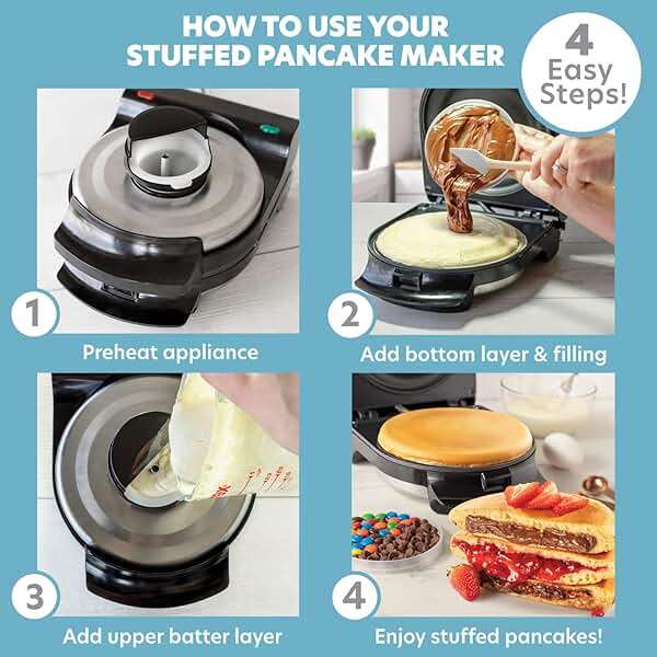 Electric Stuffed Pancake Maker- Make a GIANT Stuffed Waffle or Pan Cake in Minutes - Add Fillings for Delicious Breakfast or Dessert, Nonstick Baker Machine w Silicone Batter Funnel, Fun Unique Treat - Image 3
