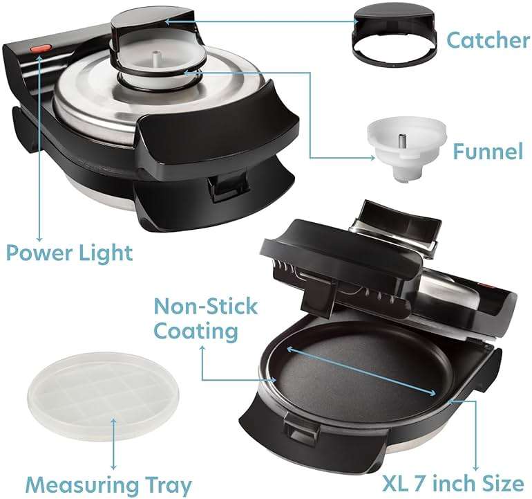 Electric Stuffed Pancake Maker- Make a GIANT Stuffed Waffle or Pan Cake in Minutes - Add Fillings for Delicious Breakfast or Dessert, Nonstick Baker Machine w Silicone Batter Funnel, Fun Unique Treat - Image 6