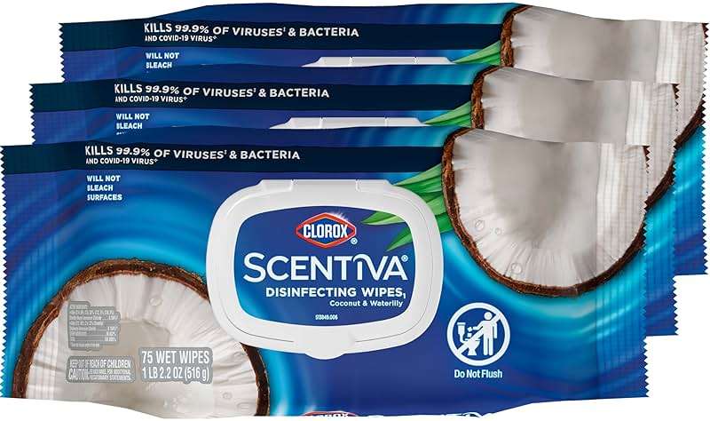 Clorox Scentiva Disinfecting Wipes, Coconut and Waterlily, 75 Count, Pack of 3 (Package May Vary) - Image 13