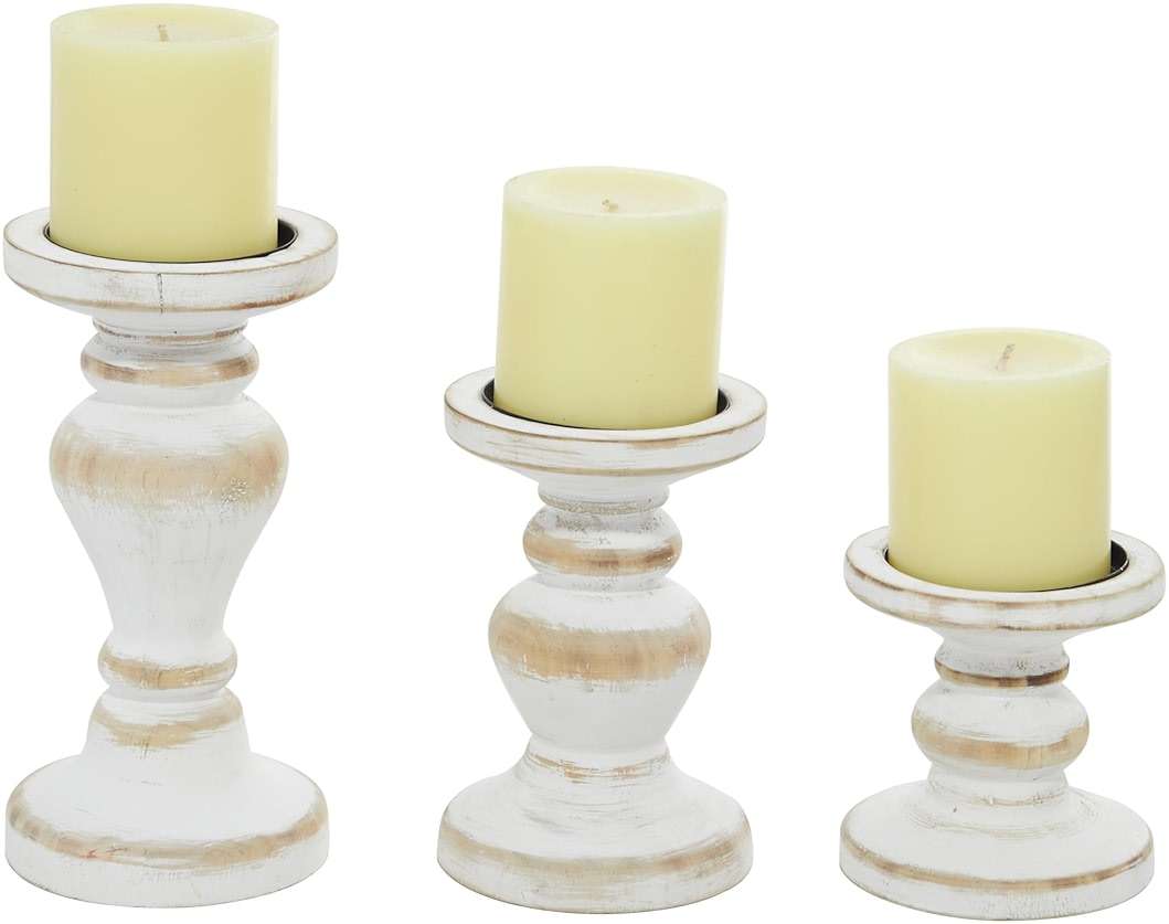 Deco 79 Wood Decorative Candle Holder Turned Style Candle Stand, Set of 3 Candlestick Holder 8", 6", 4"H, White - Image 1