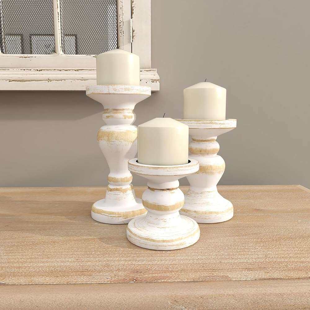 Deco 79 Wood Decorative Candle Holder Turned Style Candle Stand, Set of 3 Candlestick Holder 8", 6", 4"H, White - Image 2