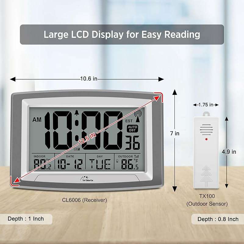 WallarGe Atomic Clock with Outdoor and Indoor Temperature - 12.5 Inch Self-Setting Digital Clock Large Display, Battery Operated Wall Clocks or Desk Clocks for Bedroom, Livingroom, Office - Image 2