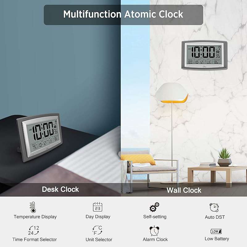 WallarGe Atomic Clock with Outdoor and Indoor Temperature - 12.5 Inch Self-Setting Digital Clock Large Display, Battery Operated Wall Clocks or Desk Clocks for Bedroom, Livingroom, Office - Image 7