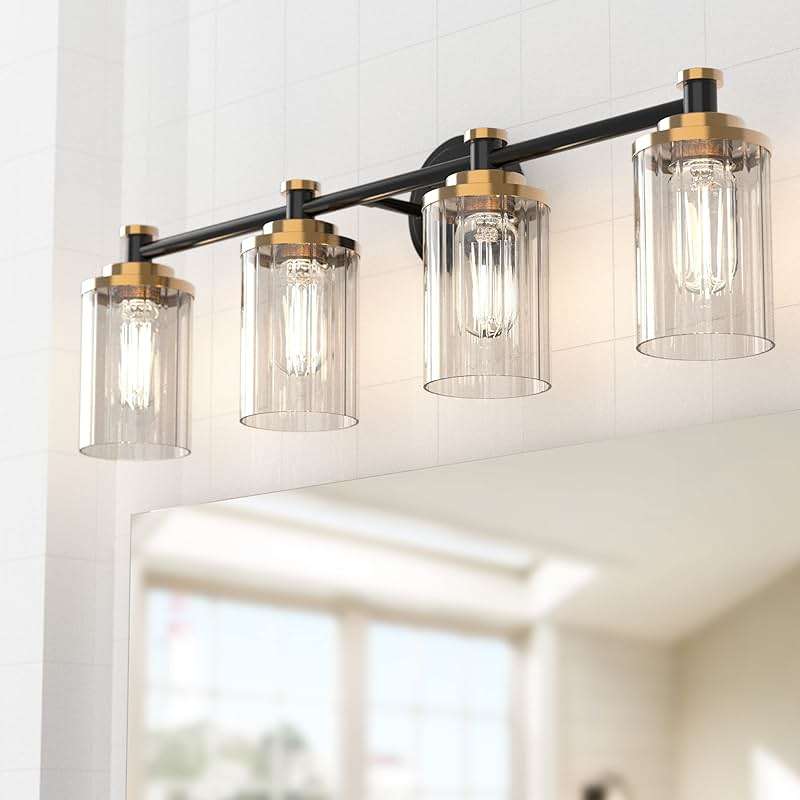 PHIXART Bathroom Lighting Fixtures Black and Brass Bathroom Vanity Light with Cylindrical Clear Stripes Glass Lampshade E26 Socket Base Bathroom Lighting Fixtures Over Mirror (4 Lights) - Image 2