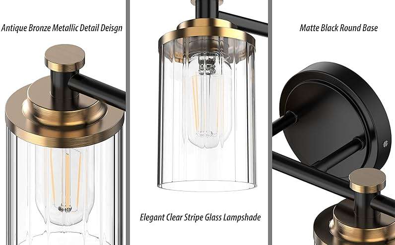 PHIXART Bathroom Lighting Fixtures Black and Brass Bathroom Vanity Light with Cylindrical Clear Stripes Glass Lampshade E26 Socket Base Bathroom Lighting Fixtures Over Mirror (4 Lights) - Image 5