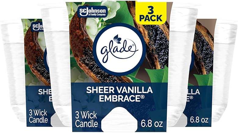 Glade Sheer Vanilla Embrace 3-Wick Fragrance Candle, Essential Oil Infused, Air Freshener, 6.8 Oz, 3 Count - Image 1