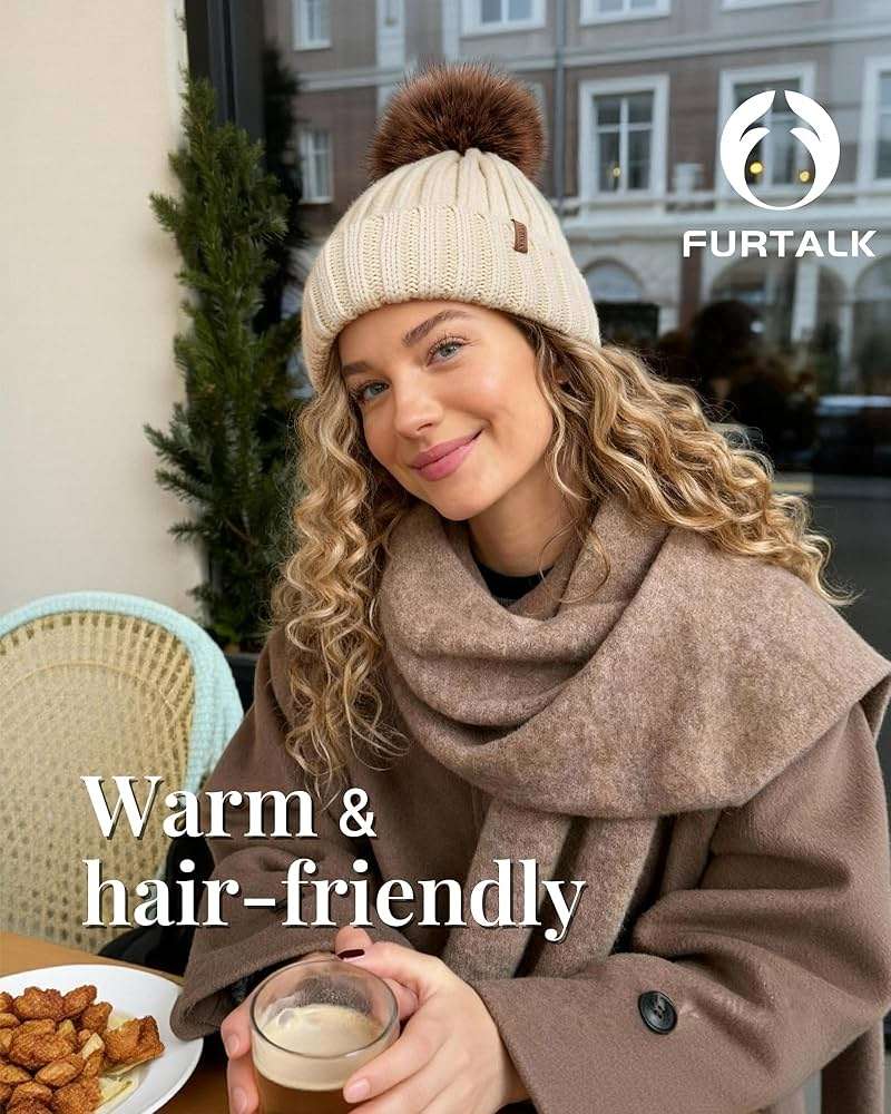 FURTALK Womens Winter Beanie Hat Satin Lined Faux Fur Pom Pom Beanies Hat for Women Winter Warm Knit Hats - Image 3