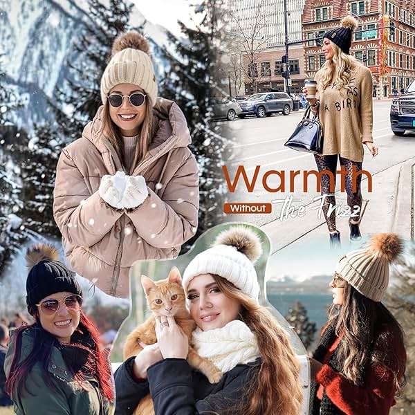 FURTALK Womens Winter Beanie Hat Satin Lined Faux Fur Pom Pom Beanies Hat for Women Winter Warm Knit Hats - Image 5